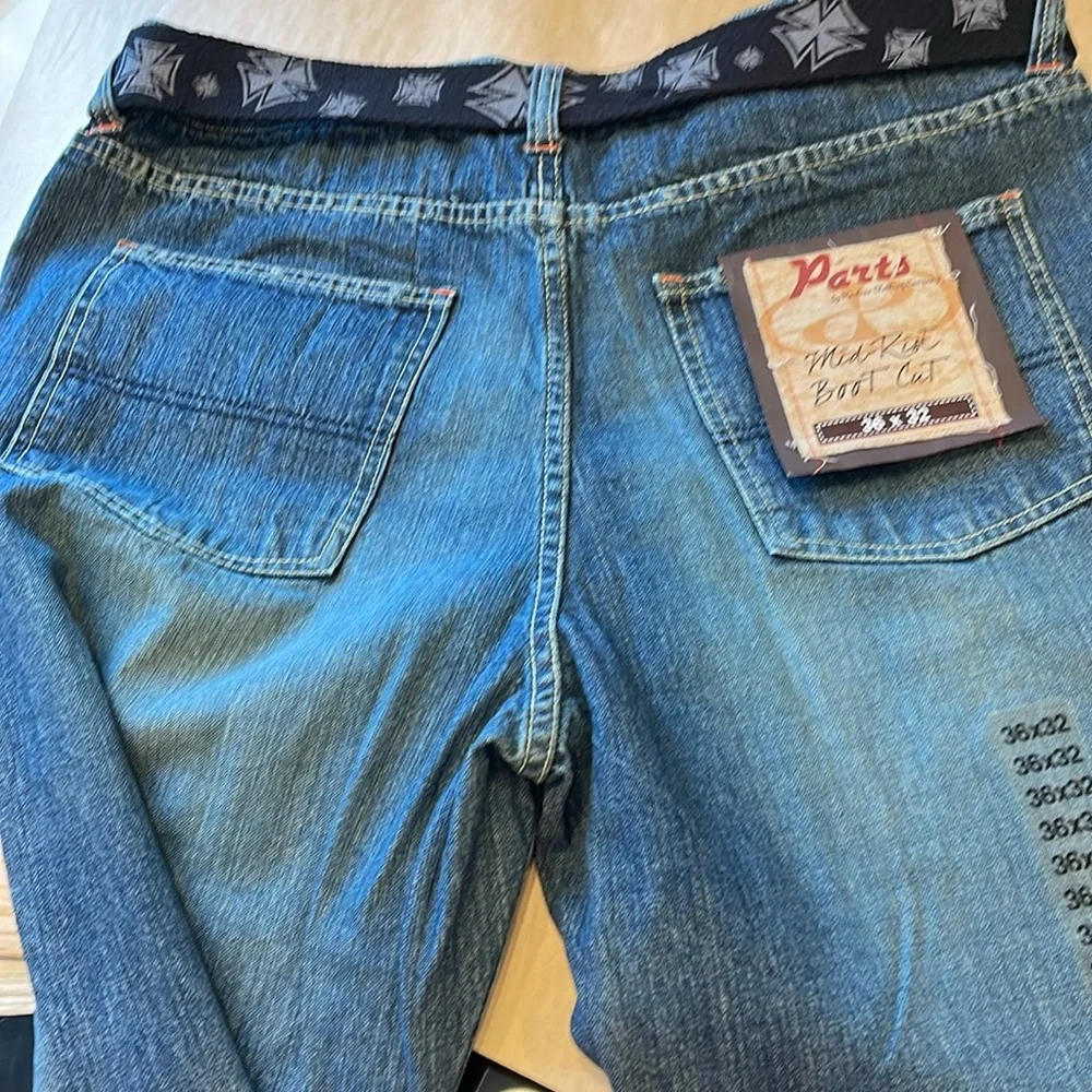 Men's Blue Jeans by Parts mid-rise, boot cut, 36x32, dark wash, NWT, belted,